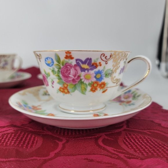 1940s Kongo China STS Hand Painted Tea Cups and Saucers Floral Lot of 4 Sets - Picture 3 of 13